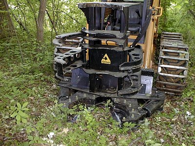 A Feller - Buncher used to cut and carry trees.