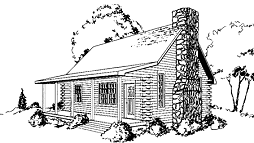 GLH-15 log cabin plans with covered front porch and a stone fireplace