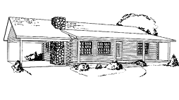 GLH-20 log cabin plans with full-length shed porch, two bedrooms, a car-port and a stone fireplace