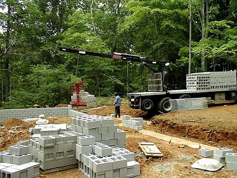 Concrete masonry units, sometimes called cinder block, being delivered to the jobsite.